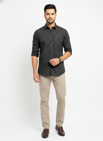 Burrshat Men’s Charcoal Floral Print Cotton Shirt | Full Sleeve | Regular Fit