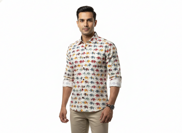 Burrshat Men’s Ivory Elephant Print Cotton Shirt | Full Sleeve | Jaipur Print | Regular Fit