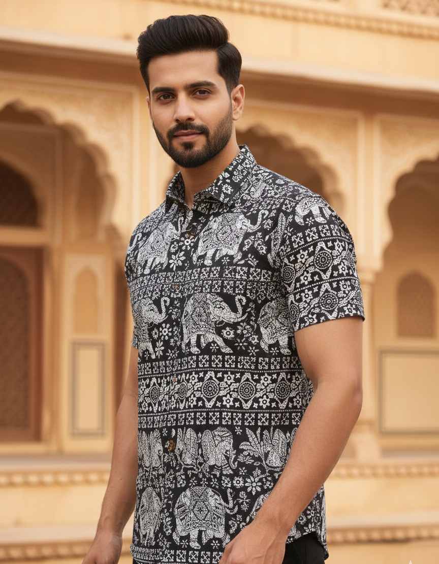 Men's Jaipuri Sanganeri Black & White Elephant Print Cotton Shirt