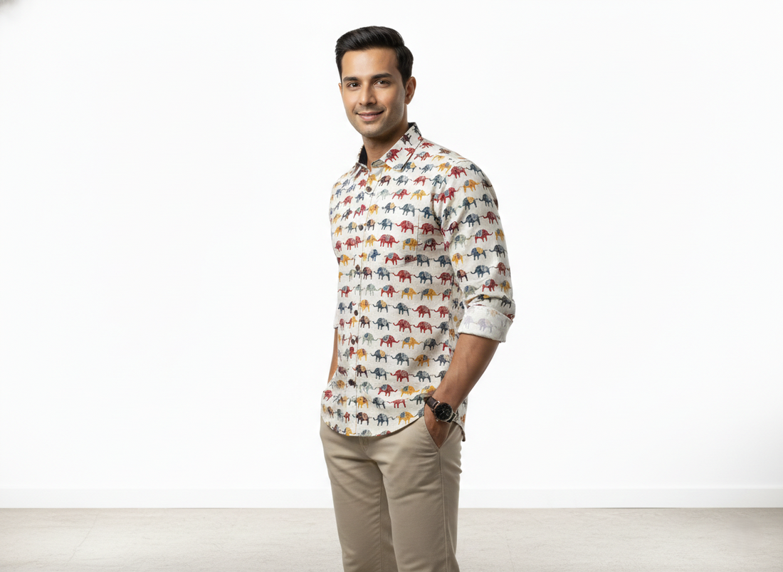 Burrshat Men’s Ivory Elephant Print Cotton Shirt | Full Sleeve | Jaipur Print | Regular Fit