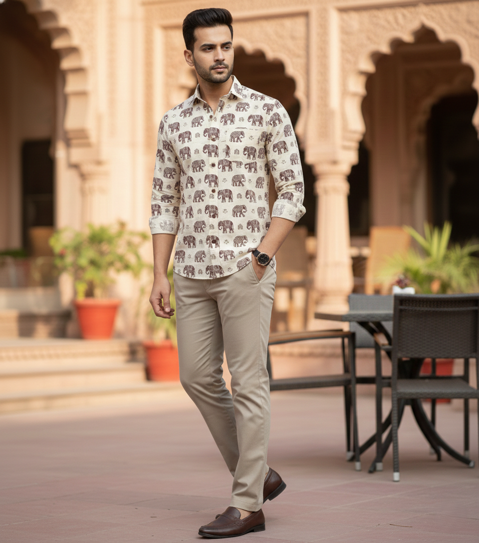 Burrshat Royal Caravan – Ivory Elephant Print Shirt| Full Sleeve | Jaipur Print | Regular Fit