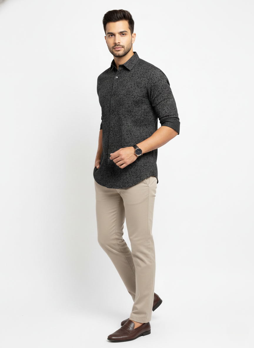 Burrshat Men’s Charcoal Floral Print Cotton Shirt | Full Sleeve | Regular Fit