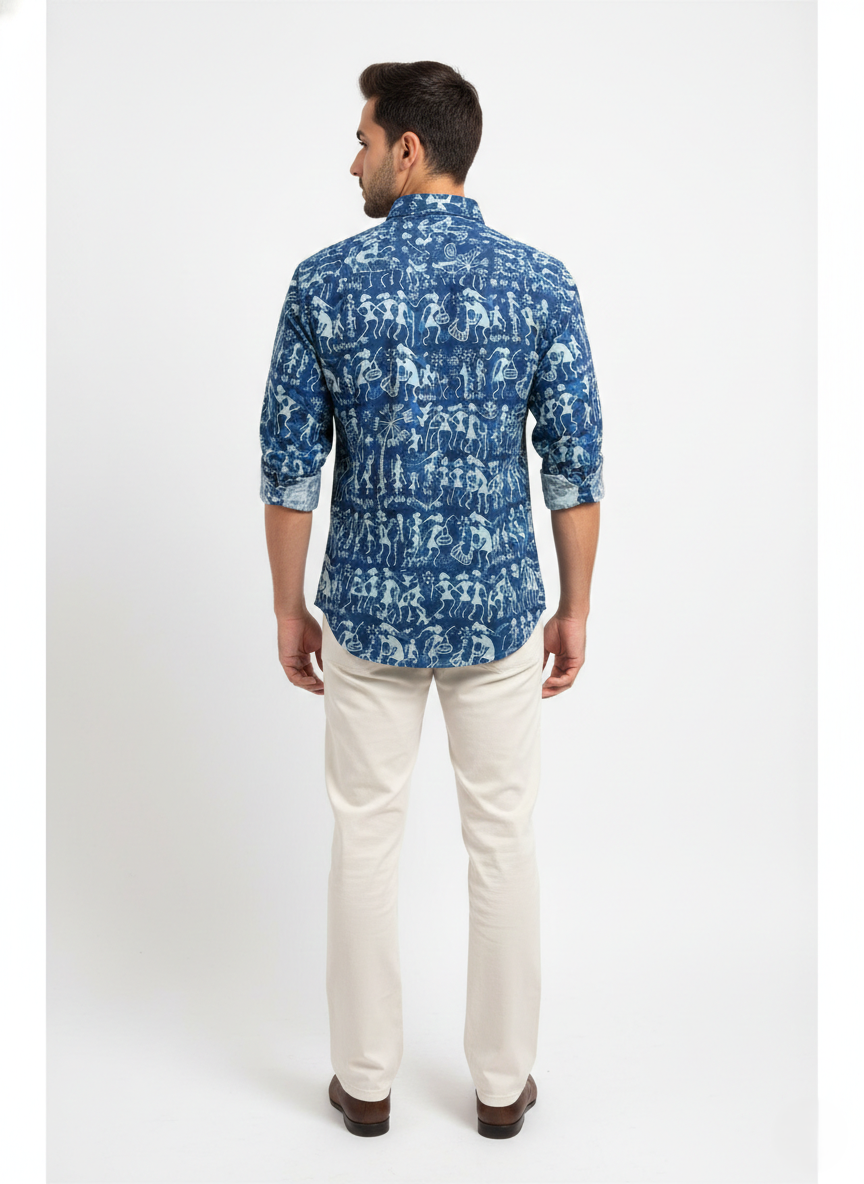 Burrshat Indigo Warli Print Cotton Casual Shirt| Blue
