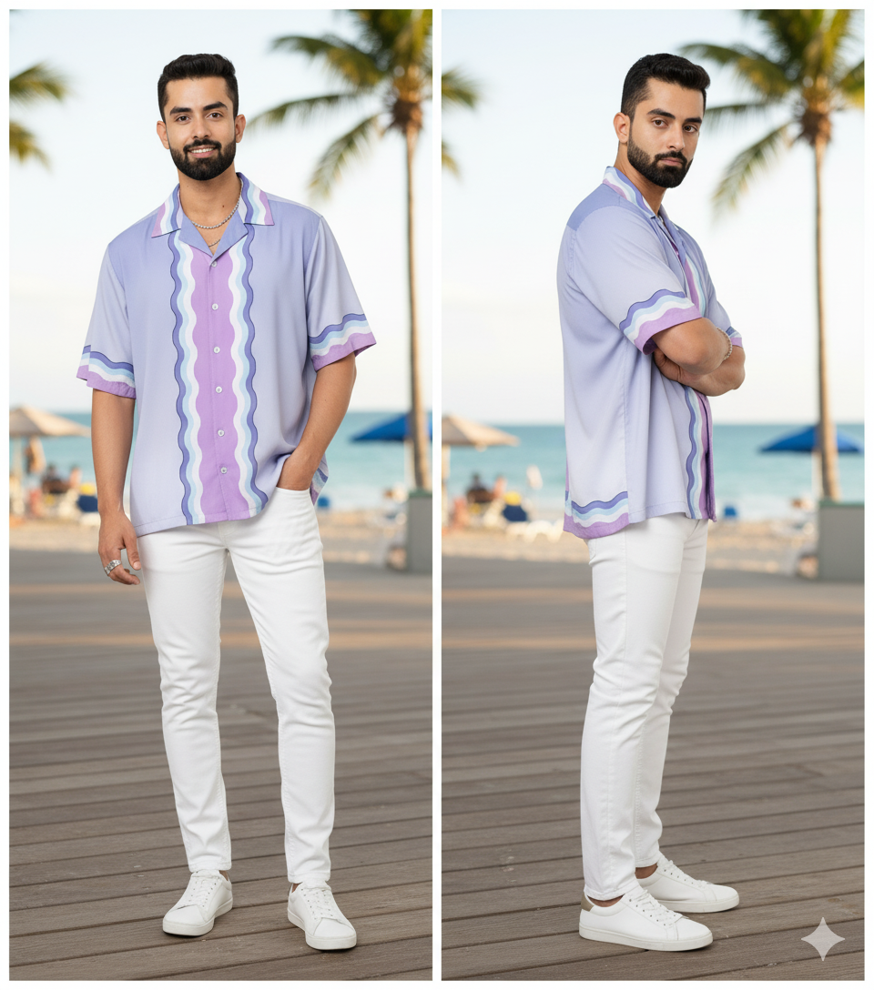 Oversized Digital Print "Ocean Wave Ombre" Men's Casual Shirt - Pastel Lavender & Aqua