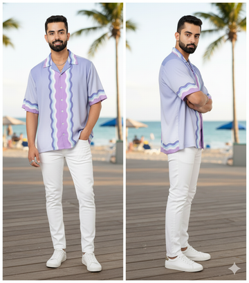 Oversized Digital Print "Ocean Wave Ombre" Men's Casual Shirt - Pastel Lavender & Aqua