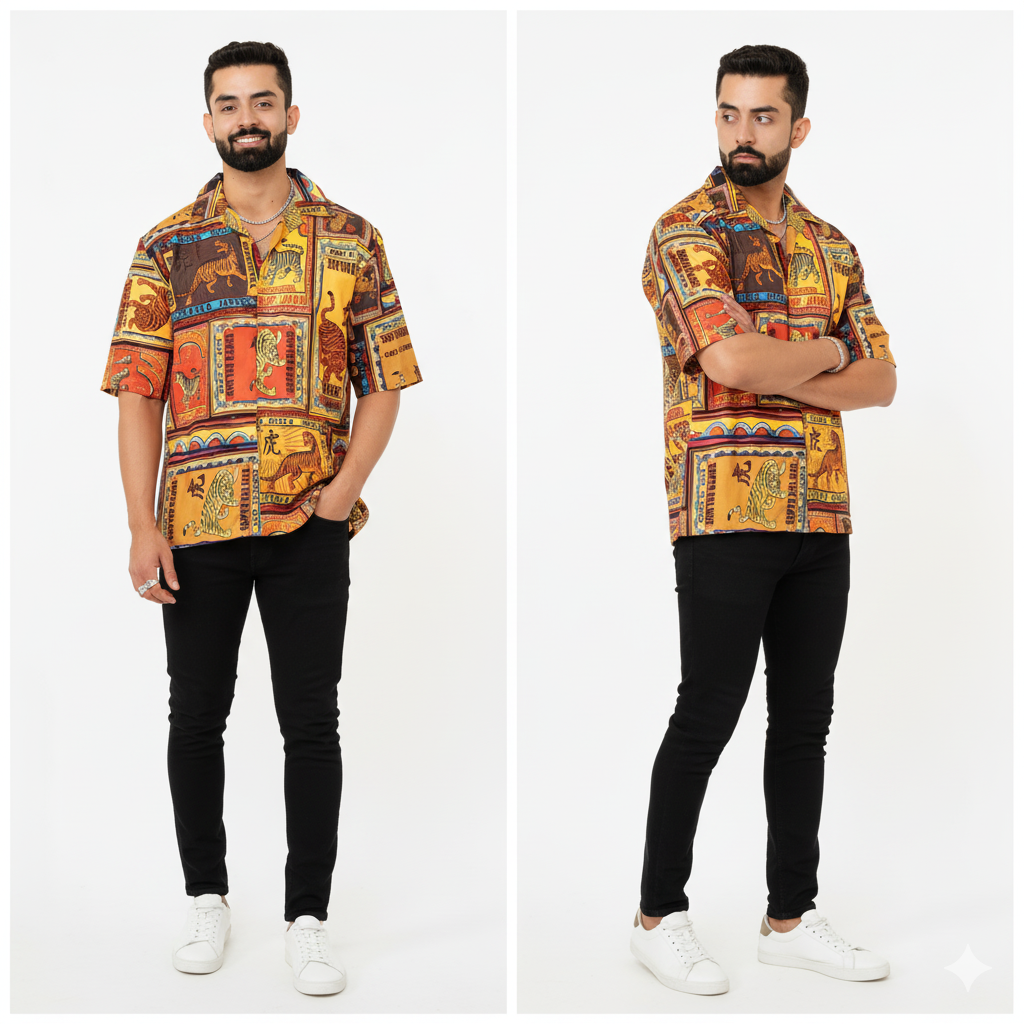 Oversized Digital Print "Osaka Tiger Retro" Men's Hawaiian Shirt - Multi-Panel Graphic