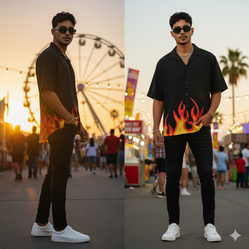 Oversized "Blaze" Digital Print Men's Casual Shirt - Flame Graphic