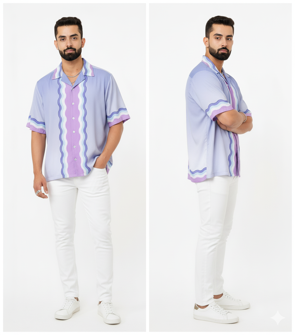Oversized Digital Print "Ocean Wave Ombre" Men's Casual Shirt - Pastel Lavender & Aqua
