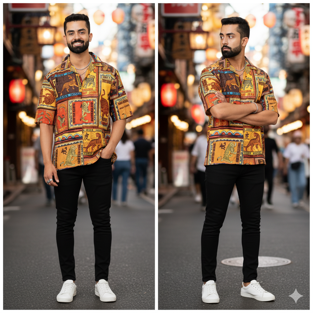 Oversized Digital Print "Osaka Tiger Retro" Men's Hawaiian Shirt - Multi-Panel Graphic