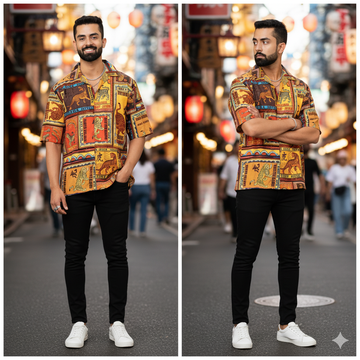 Oversized Digital Print "Osaka Tiger Retro" Men's Hawaiian Shirt - Multi-Panel Graphic