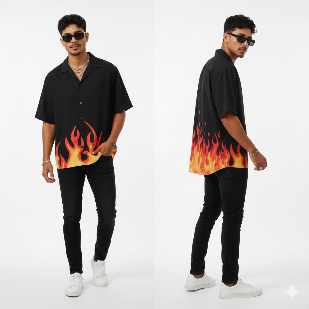 Oversized "Blaze" Digital Print Men's Casual Shirt - Flame Graphic