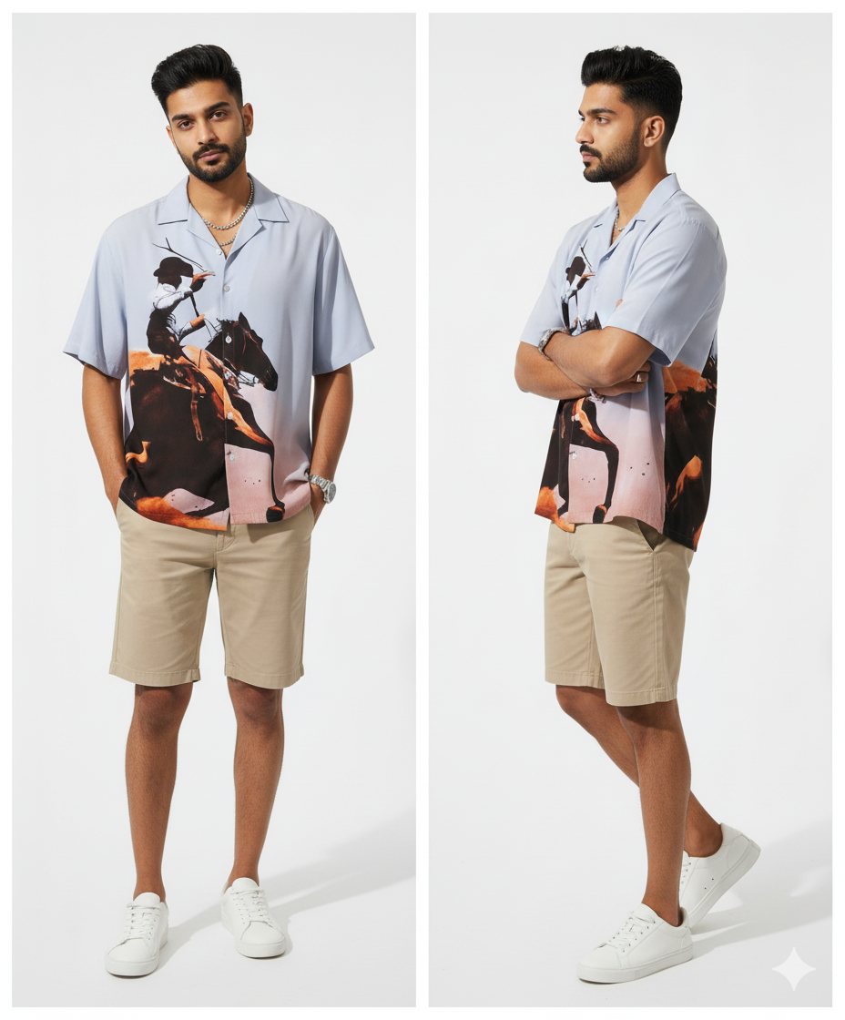 Oversized Digital Print "Polo Rider Sunset" Men's Casual Shirt - Artistic Graphic