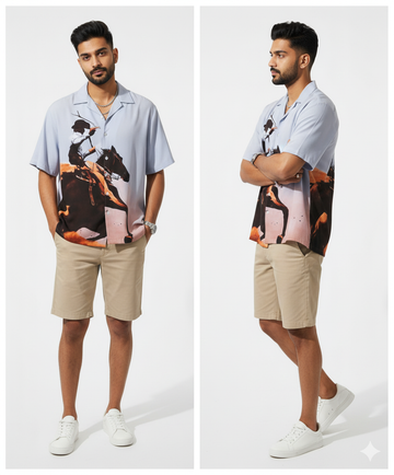Oversized Digital Print "Polo Rider Sunset" Men's Casual Shirt - Artistic Graphic