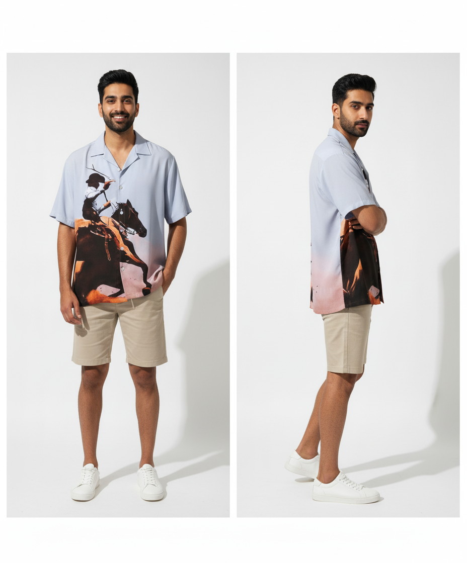 Oversized Digital Print "Polo Rider Sunset" Men's Casual Shirt - Artistic Graphic