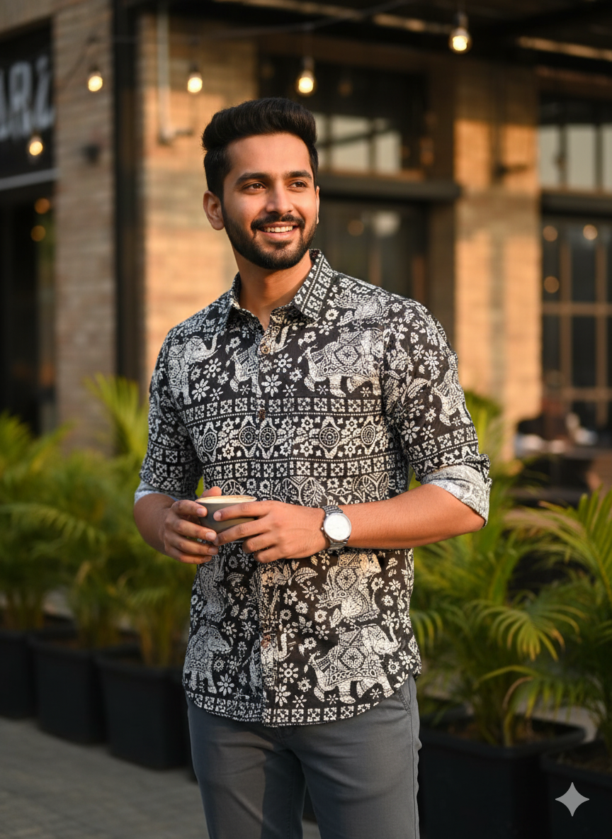 Men's Jaipuri Sanganeri Black & White Elephant Print Cotton Shirt