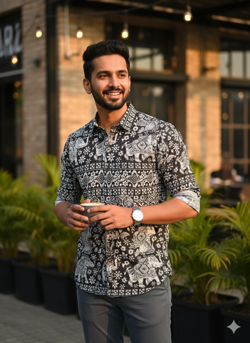 Men's Jaipuri Sanganeri Black & White Elephant Print Cotton Shirt