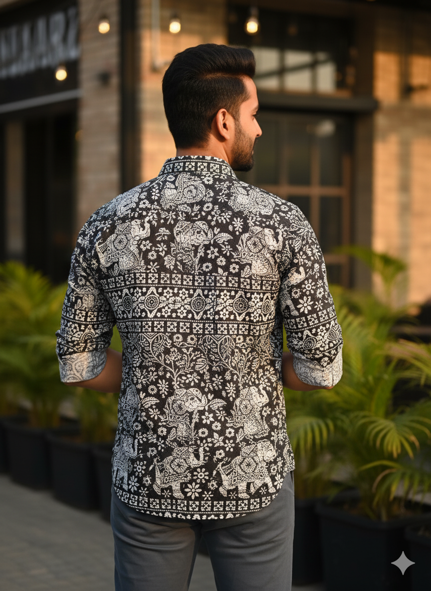 Men's Jaipuri Sanganeri Black & White Elephant Print Cotton Shirt