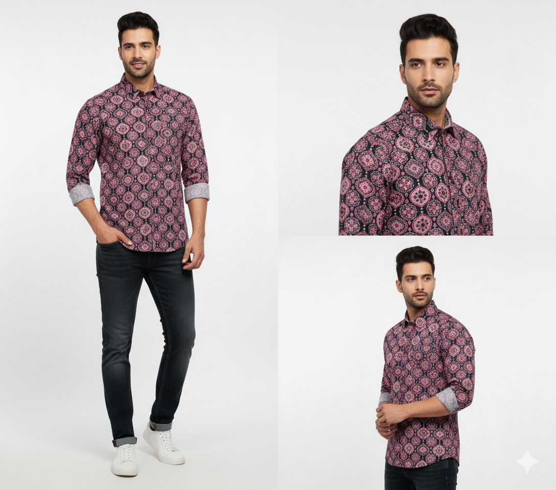 Men's Jaipuri Sanganeri Print Cotton Casual Shirt - Black & Pink Floral