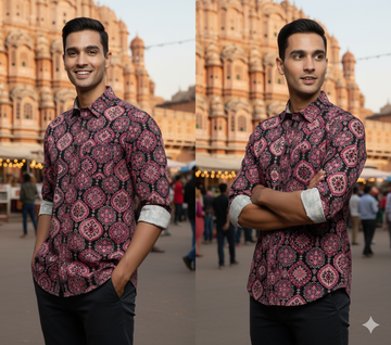 Men's Jaipuri Sanganeri Print Cotton Casual Shirt - Black & Pink Floral