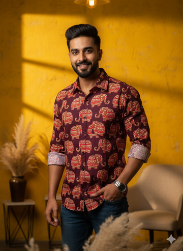 Men's Jaipuri Sanganeri Elephant Print Shirt - Maroon & Red