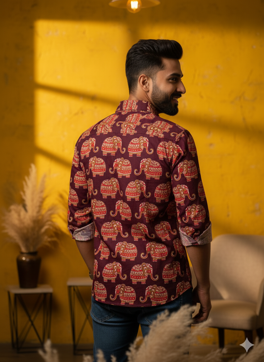 Men's Jaipuri Sanganeri Elephant Print Shirt - Maroon & Red