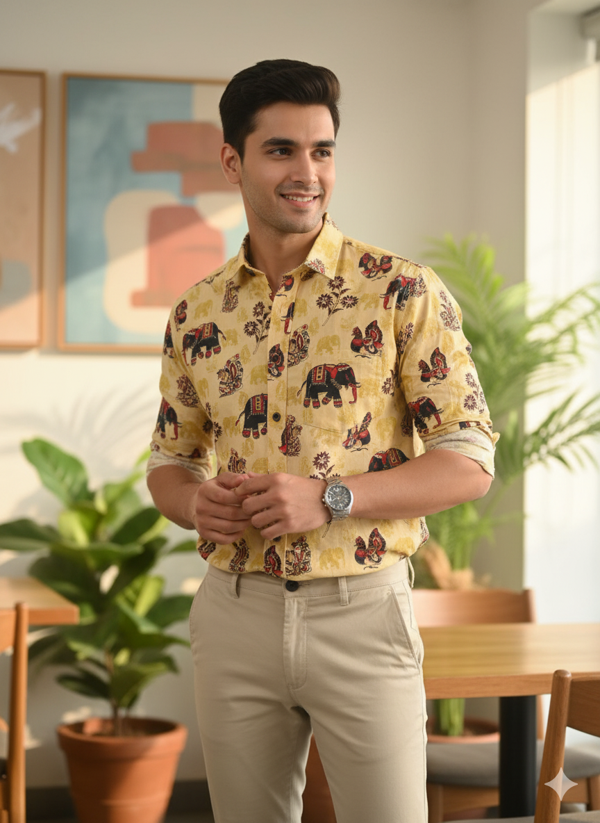 Hand Block Print Men's Shirt - Traditional Sanganeri Elephant Motif