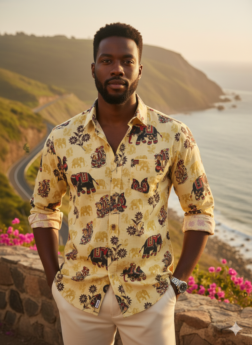 Hand Block Print Men's Shirt - Traditional Sanganeri Elephant Motif