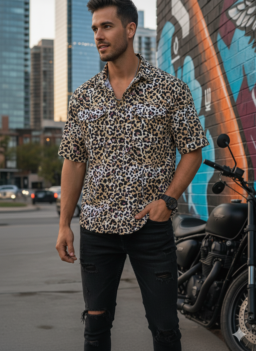 Unique Leopard Motif Cotton Shirt - Hand Block Inspired