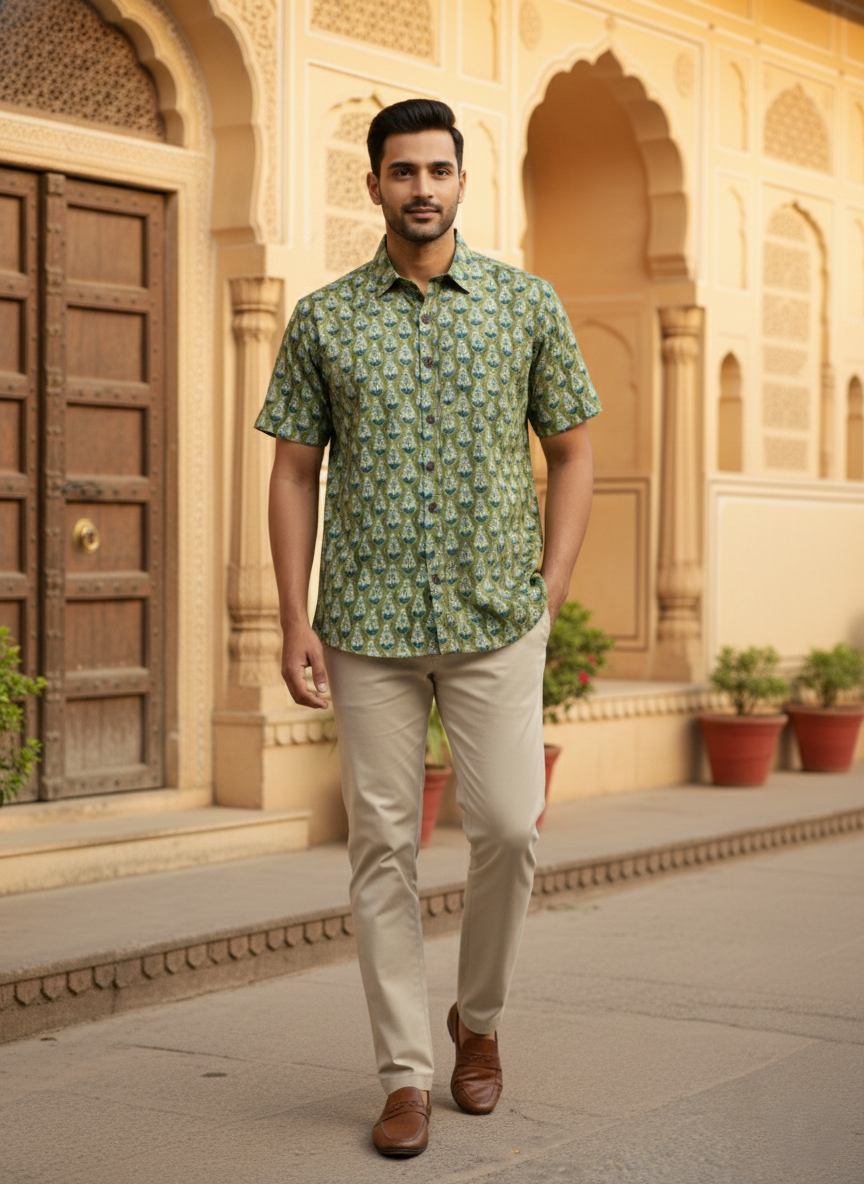 Jaipur Sanganeri Verdant Motif Classic Shirt - Olive Green
