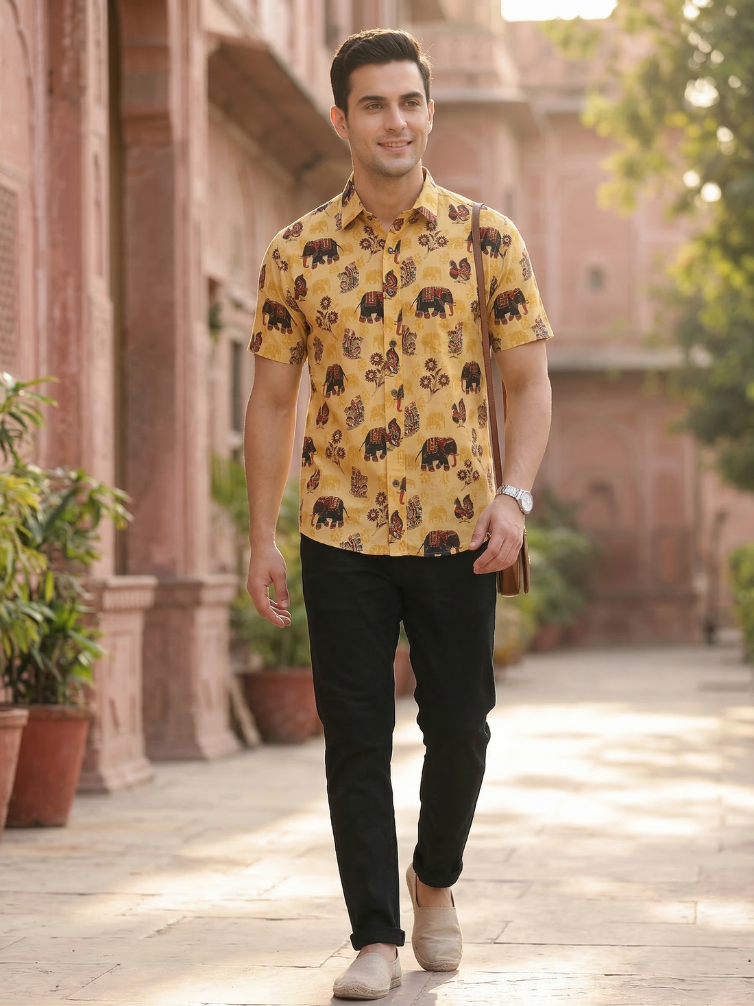 Hand Block Print Men's Shirt - Traditional Sanganeri Elephant Motif