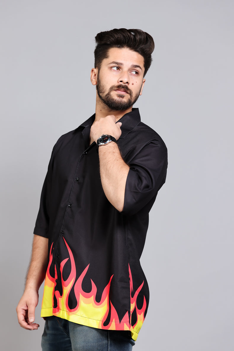 Oversized "Blaze" Digital Print Men's Casual Shirt - Flame Graphic