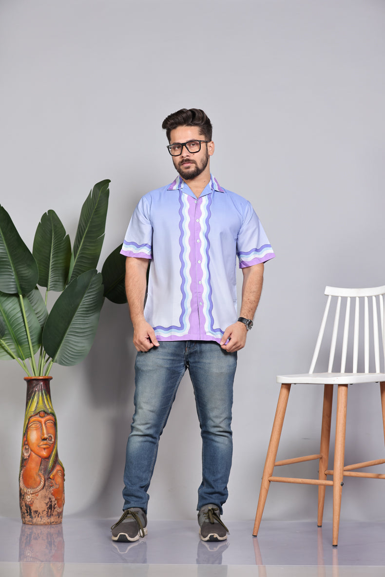 Oversized Digital Print "Ocean Wave Ombre" Men's Casual Shirt - Pastel Lavender & Aqua
