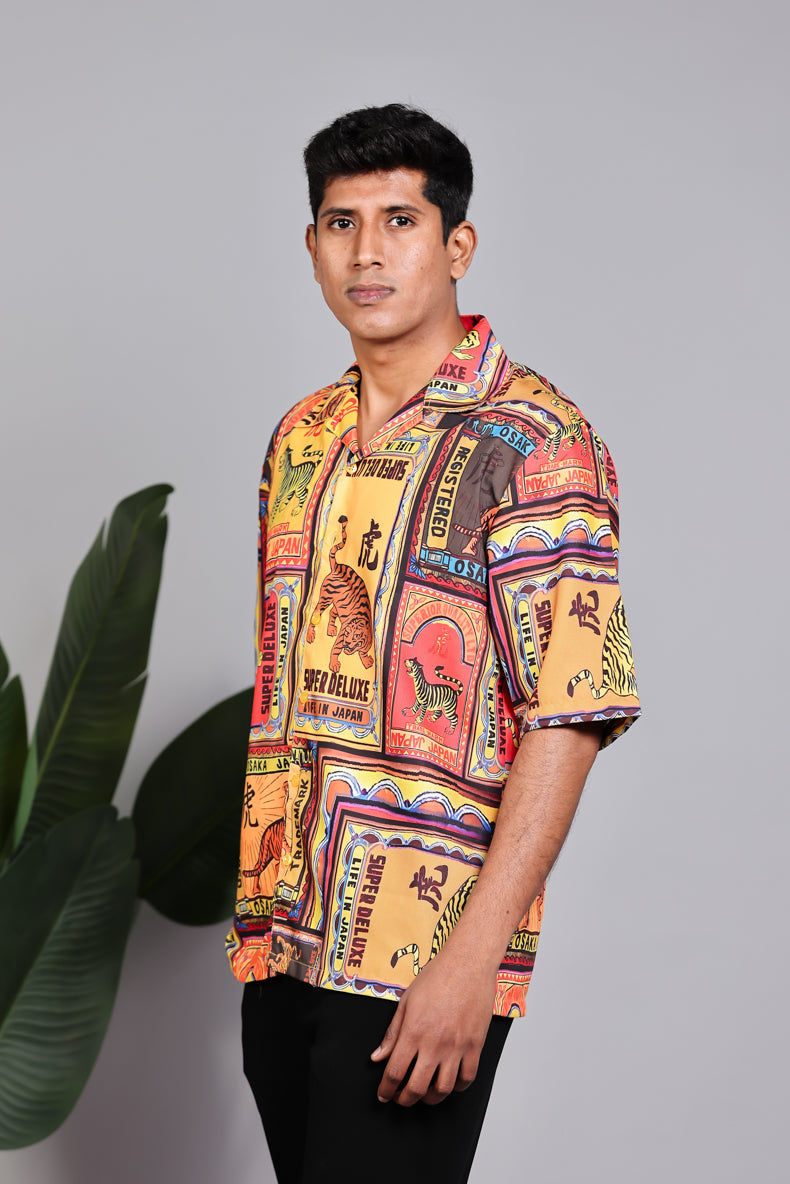 Oversized Digital Print "Osaka Tiger Retro" Men's Hawaiian Shirt - Multi-Panel Graphic