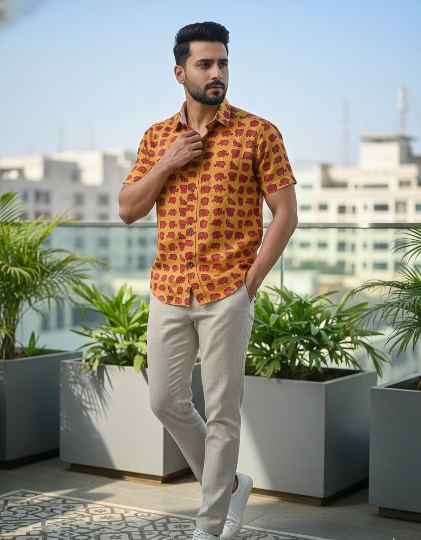 The Jaipur Elephant - Men's Hand Block Print Cotton Shirt