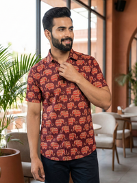 Sanganeri Elephant Print Shirt - Maroon & Red